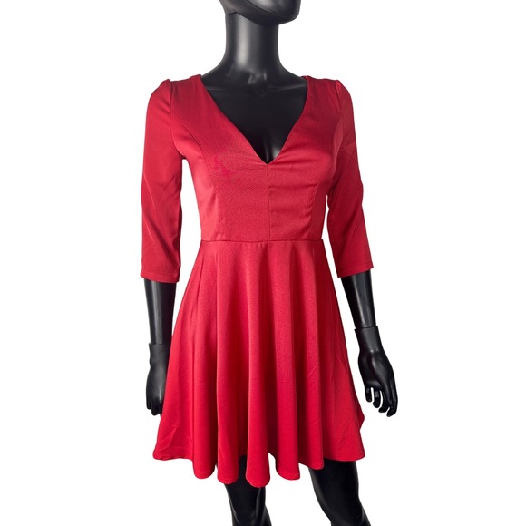 LuLu's Red Fit and Flare Dress V-Neck 3/4 Sleeve Party Cocktail Size S - Picture 1 of 9